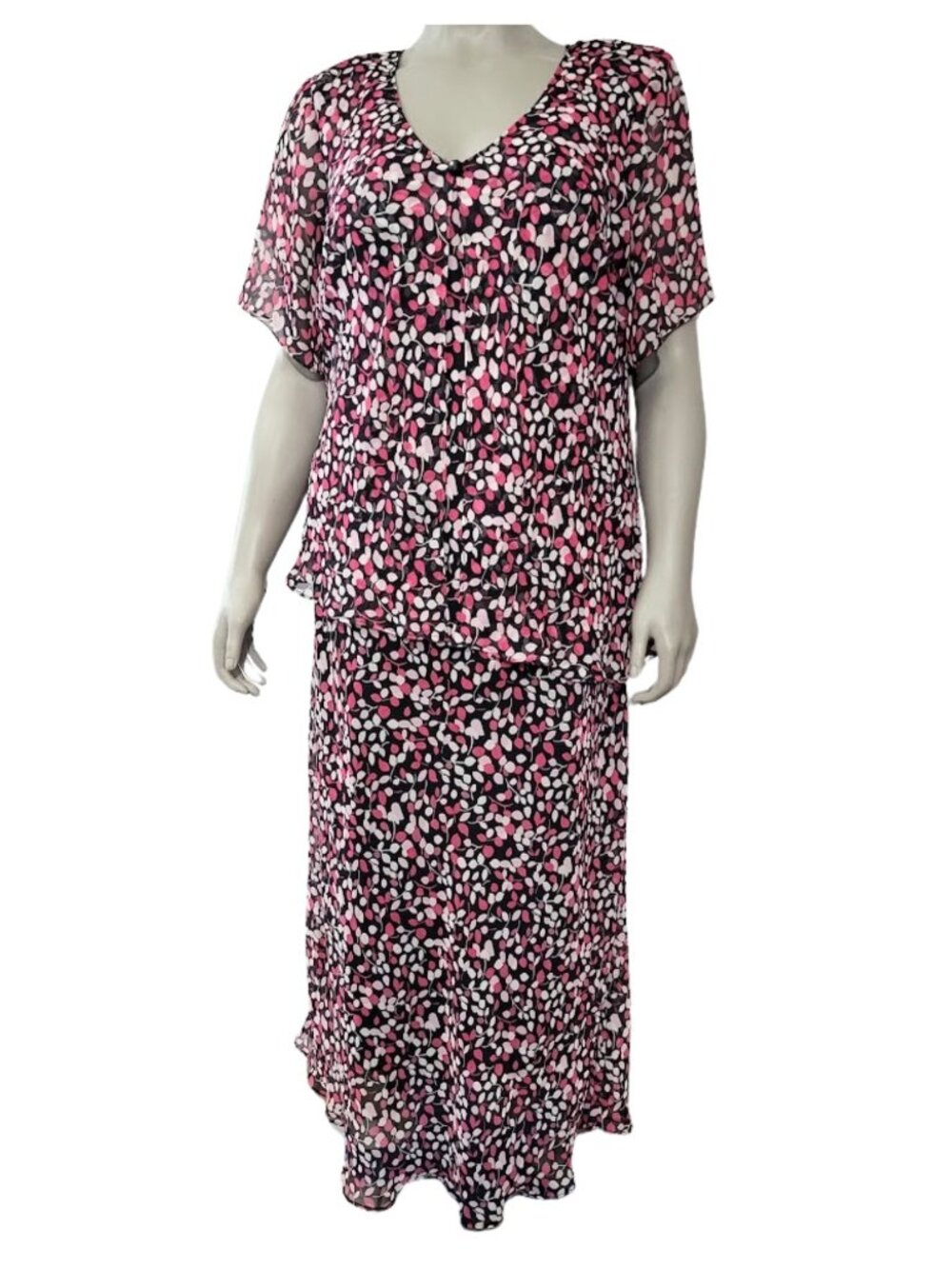 KARIN STEVENS KSL Black, White & Pink Long Floral Dress - Women's Plus Size 22W
